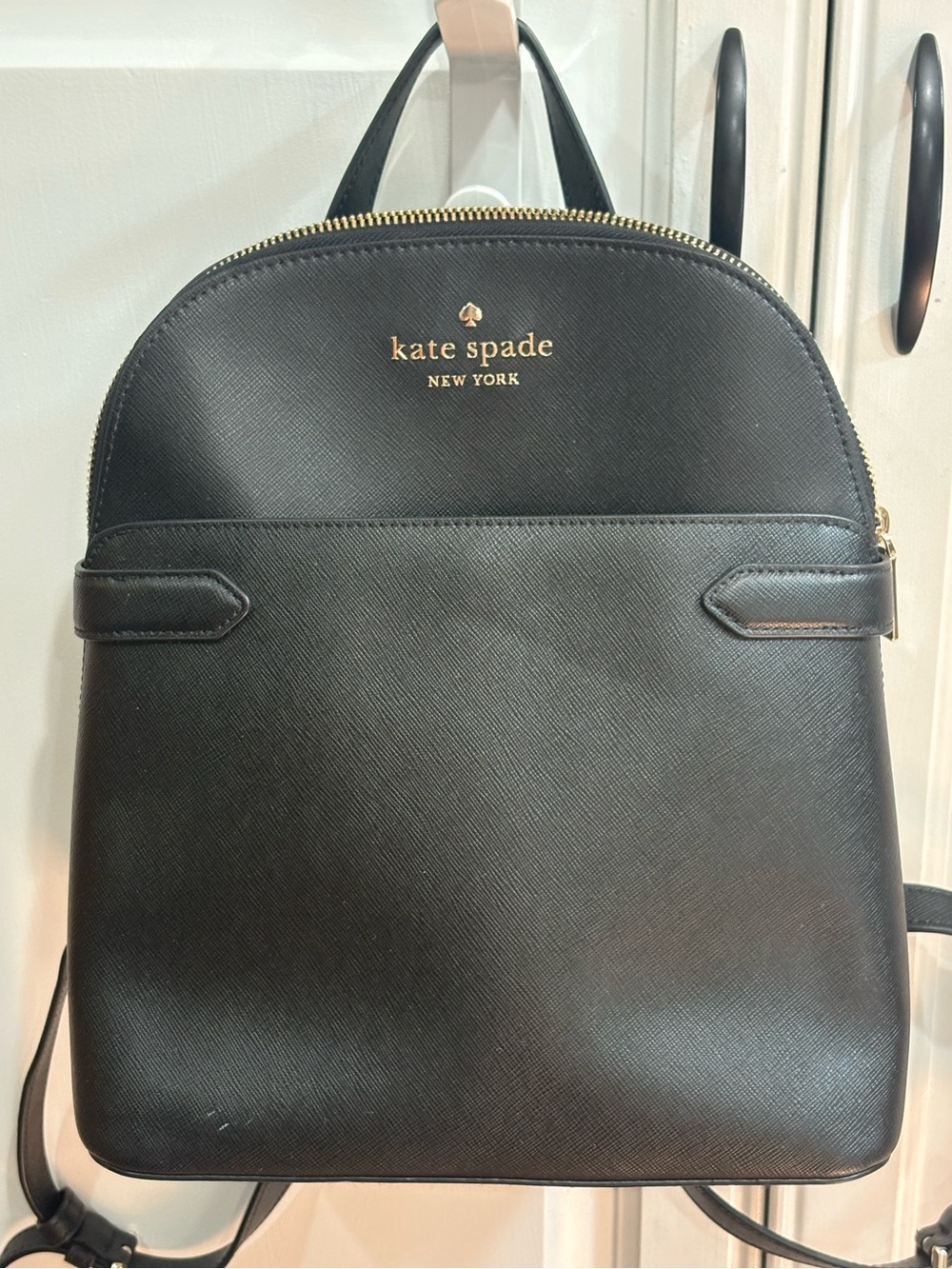 kate spade Black Saffiano Leather dome Backpack with Gold Logo